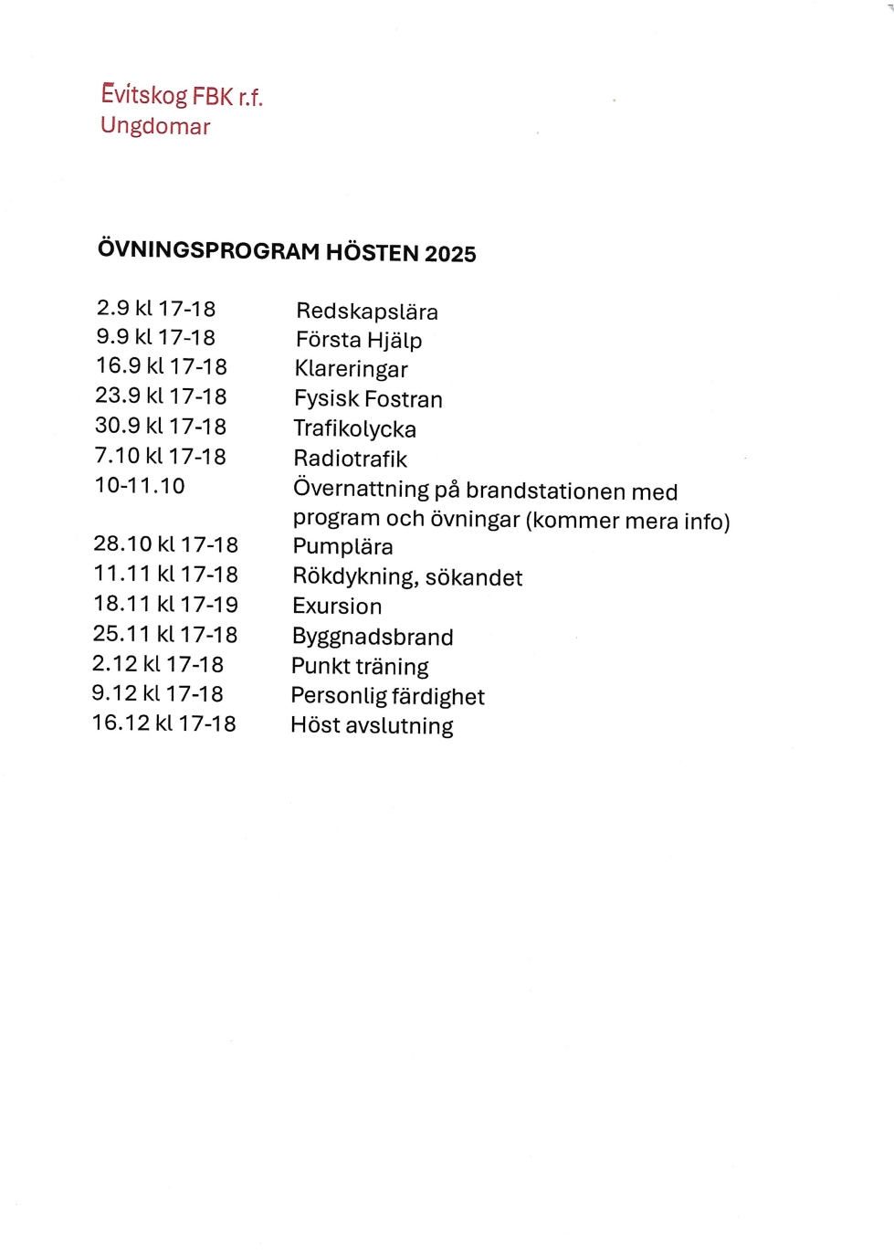 Nuoriso-osaston harjoitusohjelma