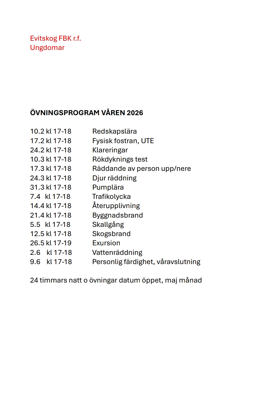 Nuoriso-osaston harjoitusohjelma